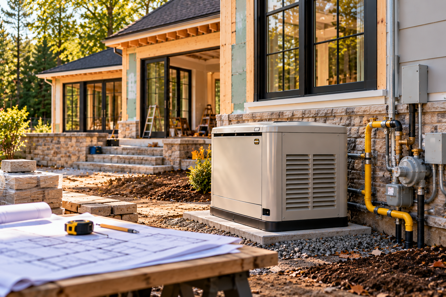 Outdoor gas generator beside a modern stone house under construction, with tools and landscaping materials nearby