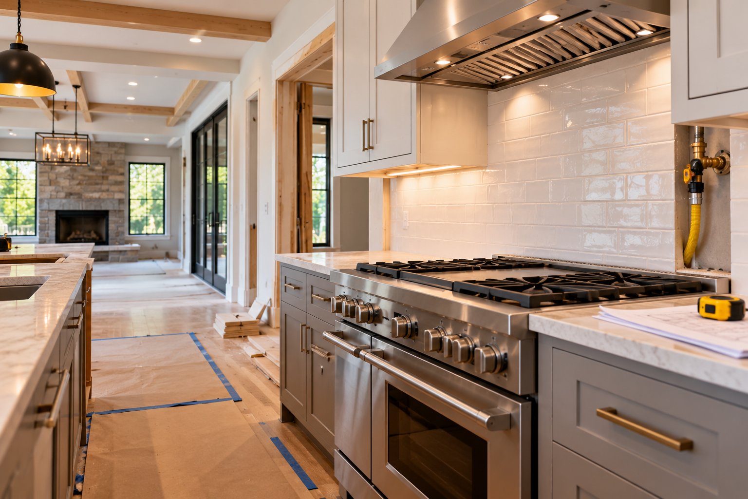 Modern kitchen with stainless steel stove, white cabinetry, wood beams, and a bright hallway