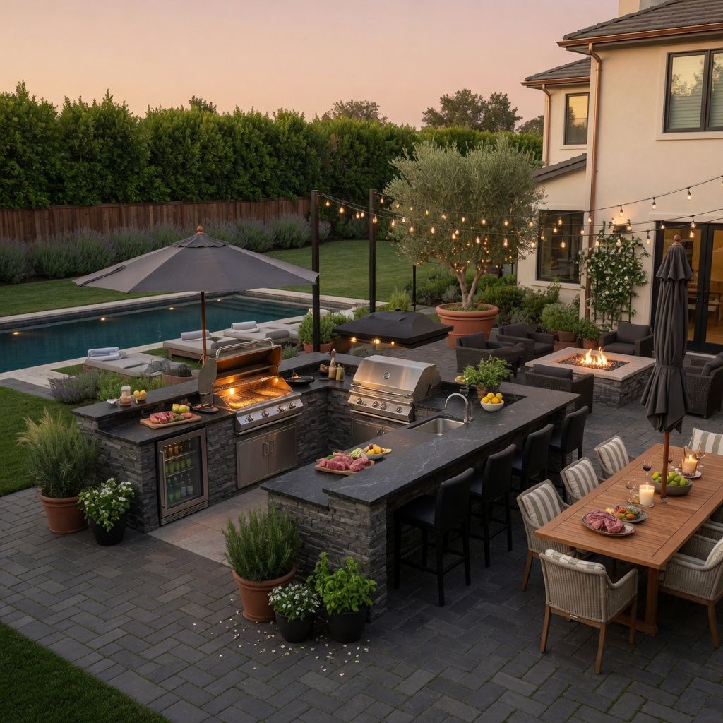 Backyard patio with outdoor dining table, gas fire pit, and pool at sunset