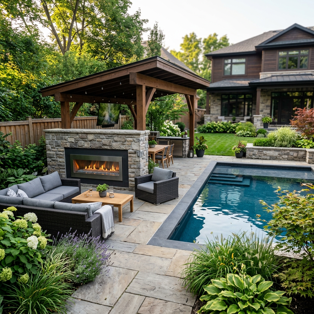 Backyard patio with pool, covered gas fireplace lounge, and landscaped garden.