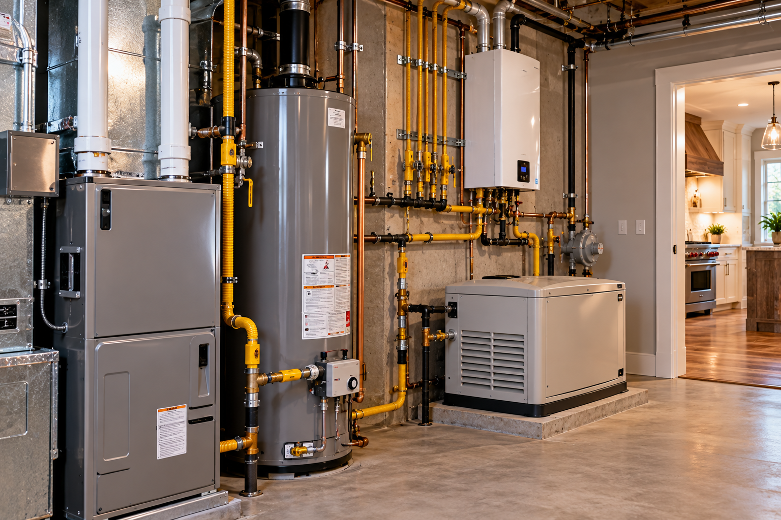 Basement utility room with boilers, pipes, and HVAC equipment beside a polished concrete floor.