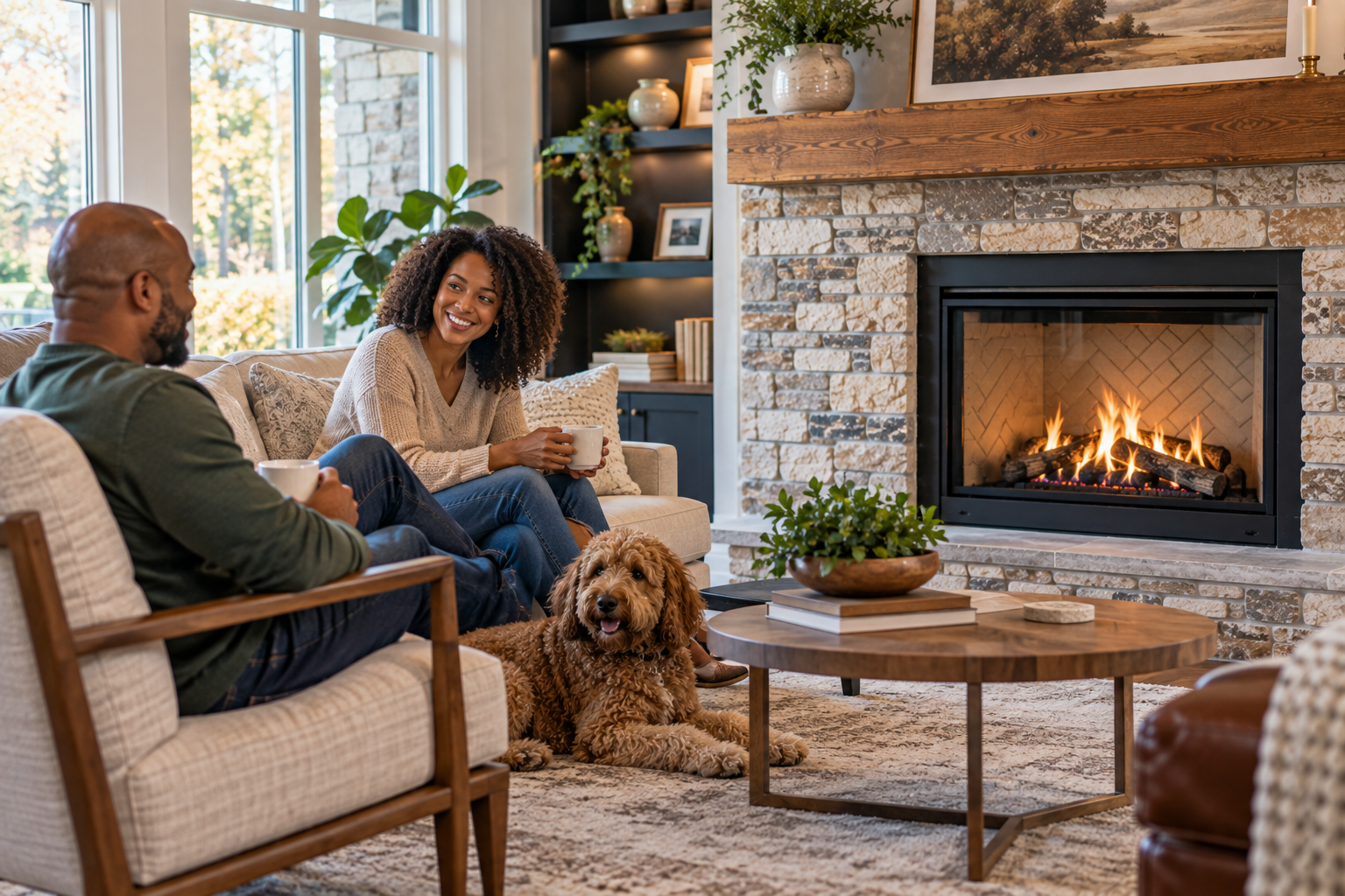 Cozy living room with two people, a dog, and a lit gas fireplace beside a coffee table