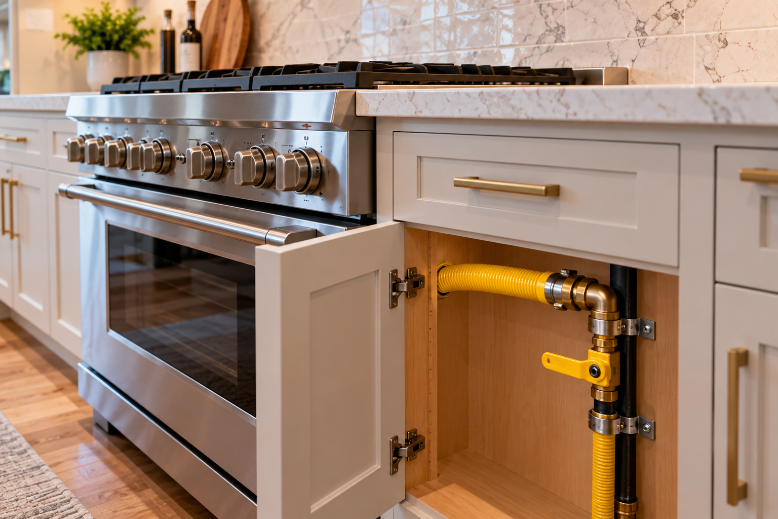 Open kitchen with stainless steel range and open cabinet revealing yellow gas line and shutoff valve