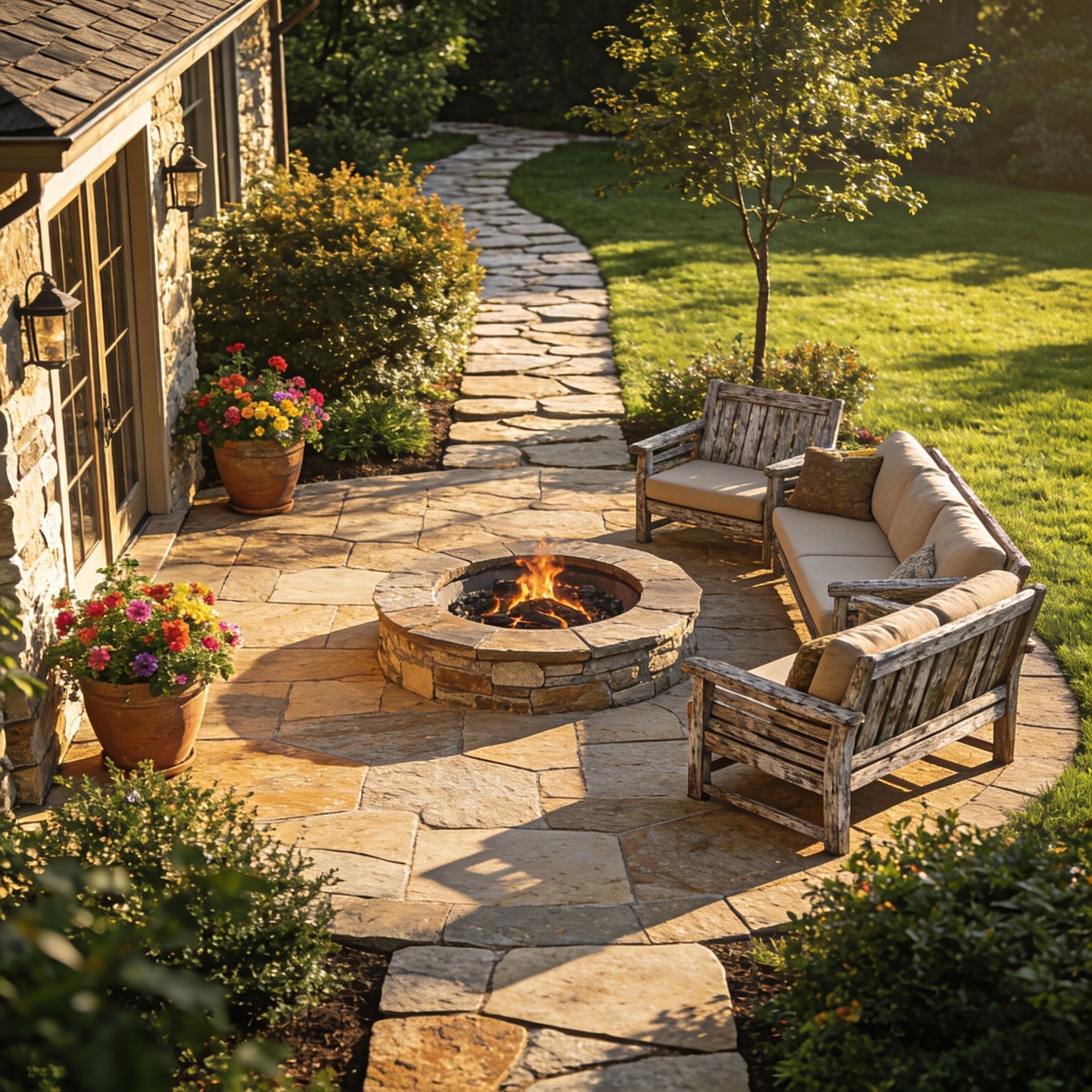 Stone patio with gas fire pit, wicker seating, potted flowers, and a winding path beside a house.