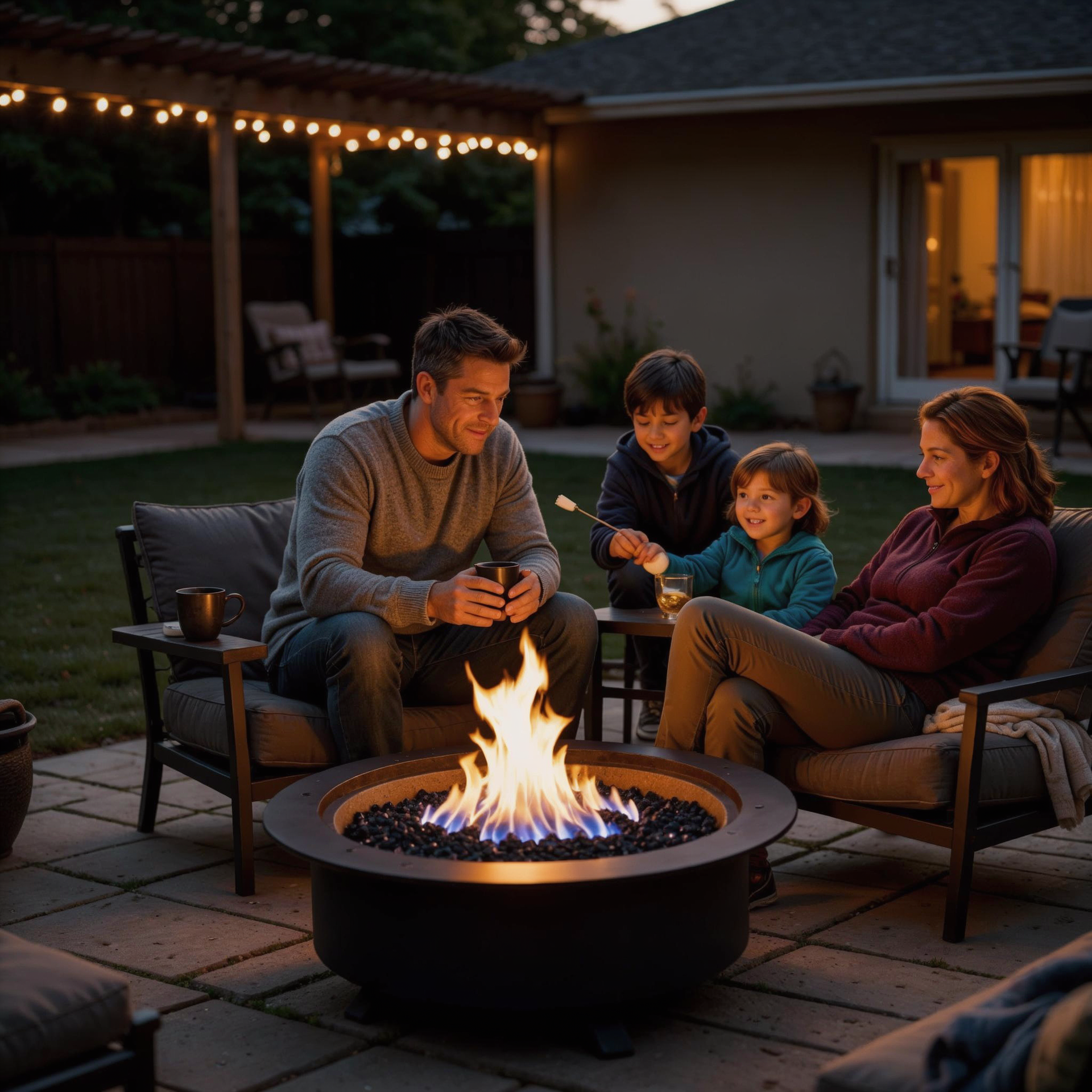 Family gathered around a glowing gas fire pit on a patio at dusk, chatting under string lights.