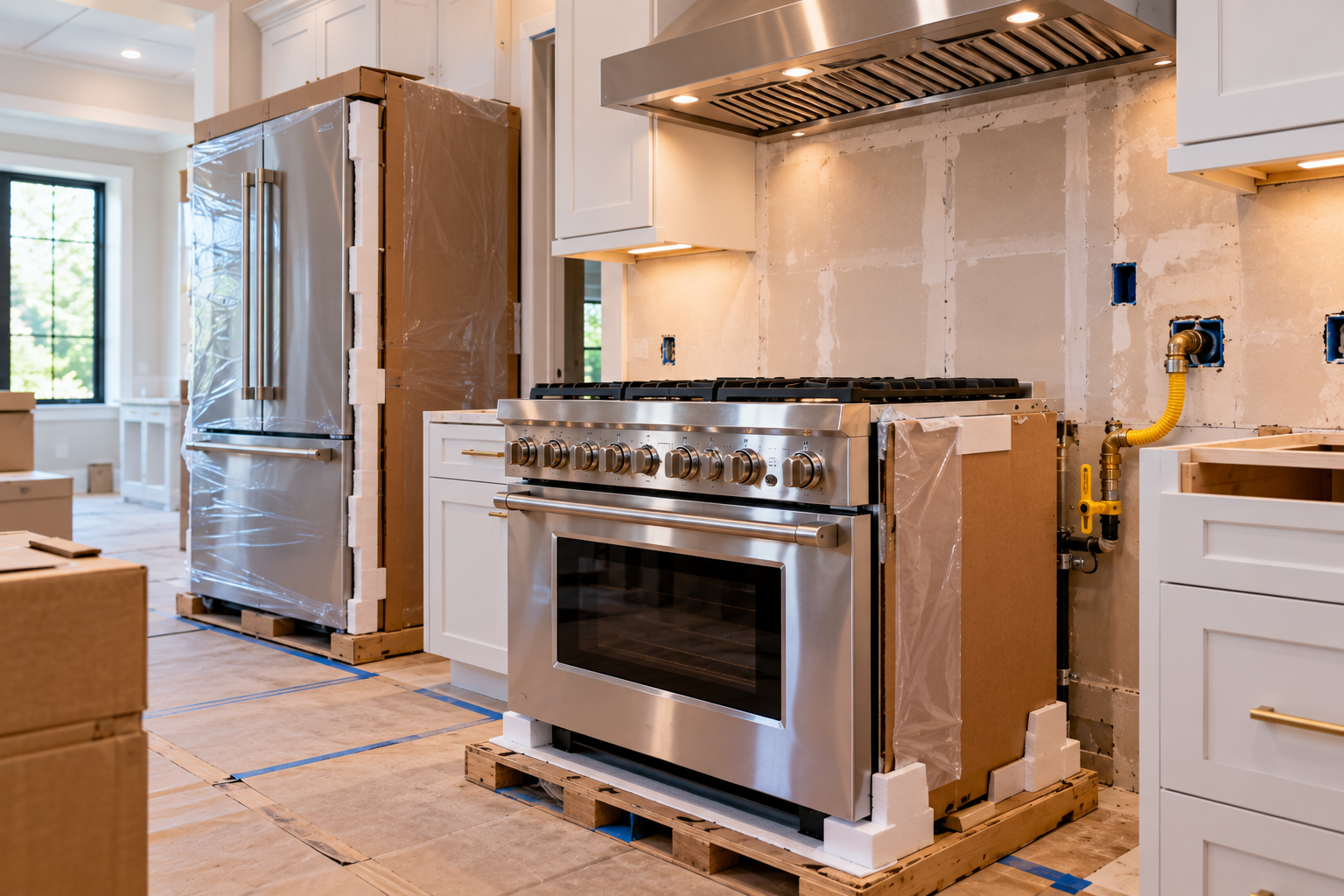 New kitchen with stainless steel appliances, white cabinets, and a large stove under renovation.