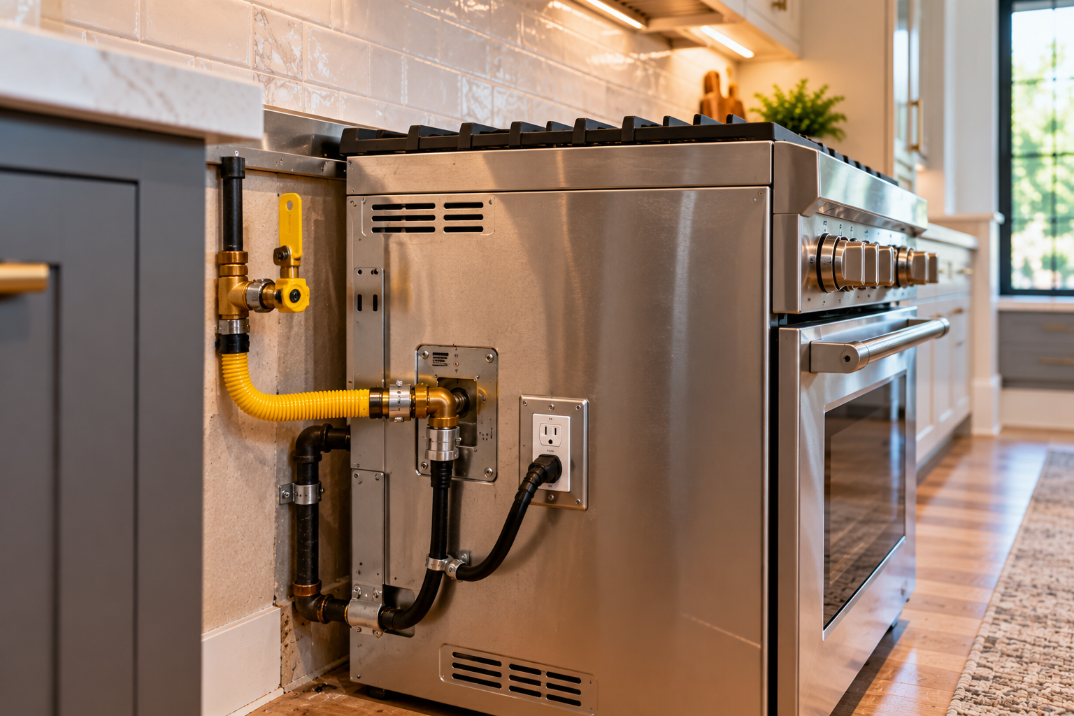 Stainless steel gas range with yellow gas line and outlet in a bright kitchen