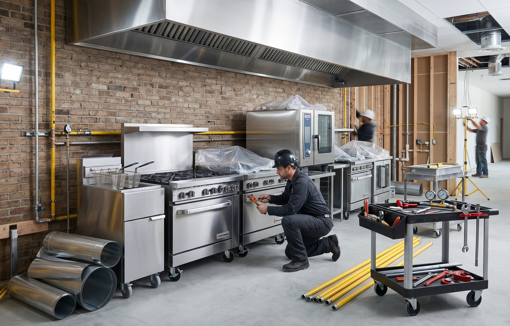 Commercial kitchen with two workers installing stainless-steel gas stoves.