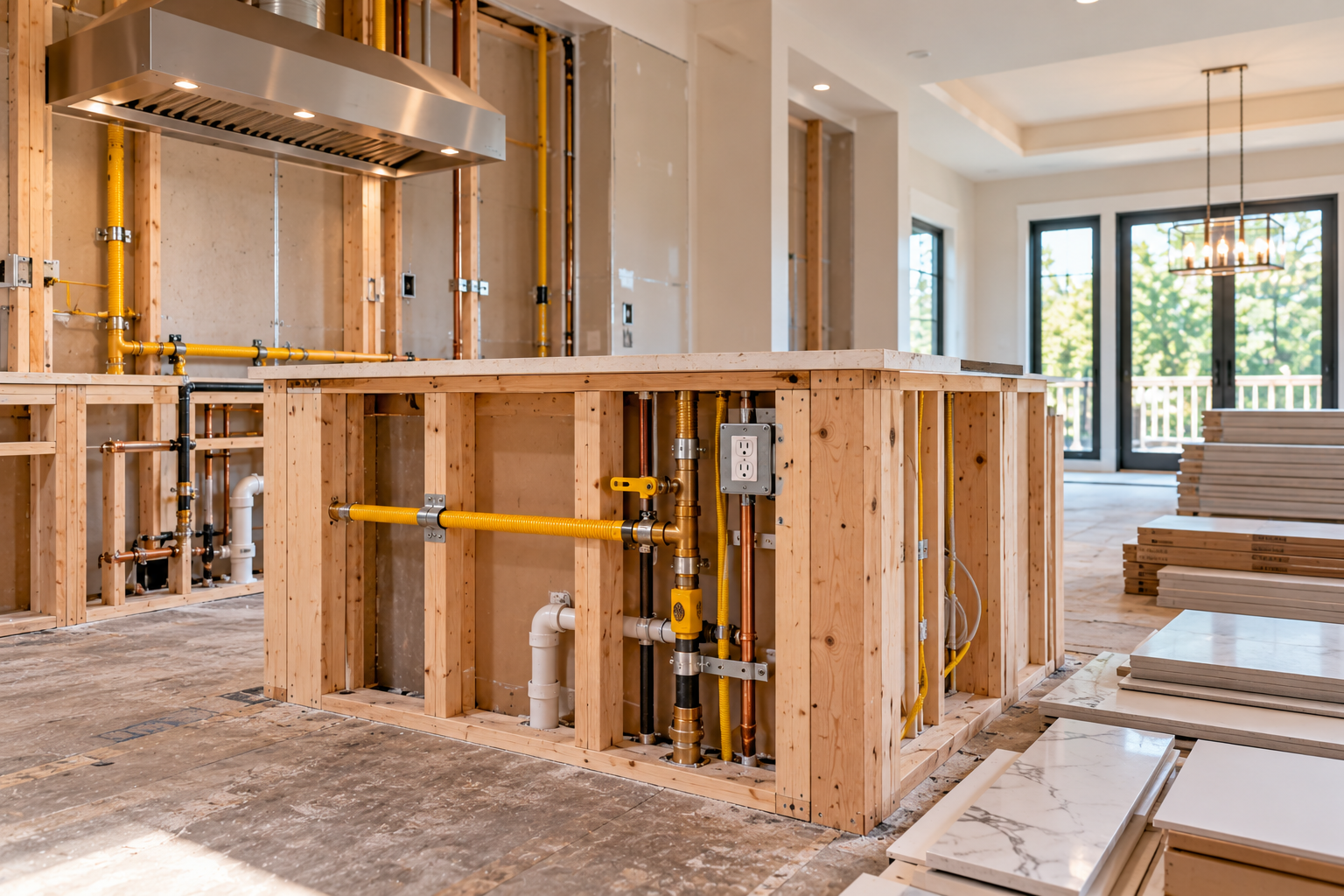 Interior of a house under construction with exposed framing, plumbing, and unfinished kitchen island.