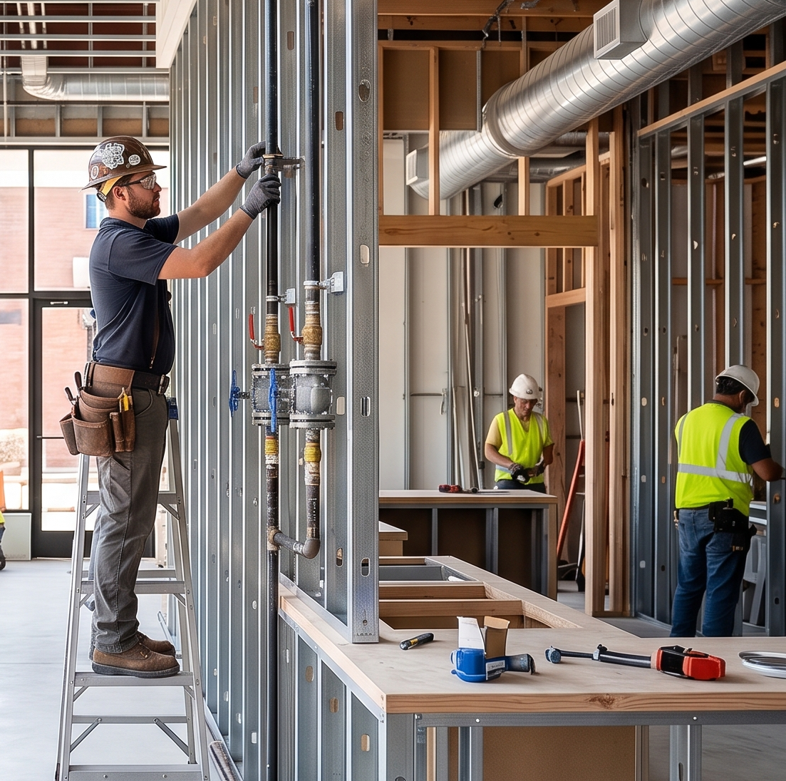Construction workers installing gas line framing inside an unfinished building.