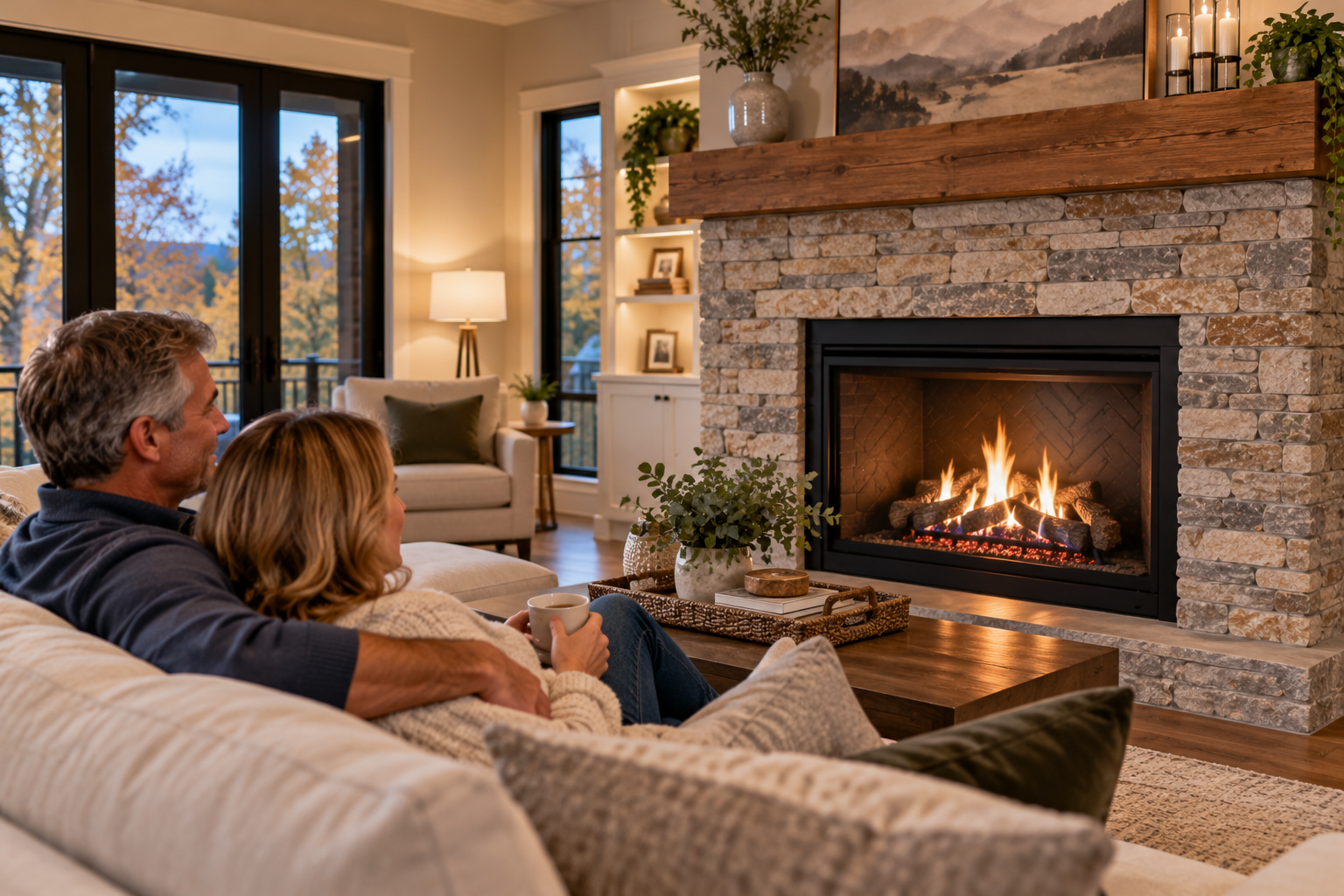 Couple relaxing on a sofa by a lit stone fireplace in a cozy living room