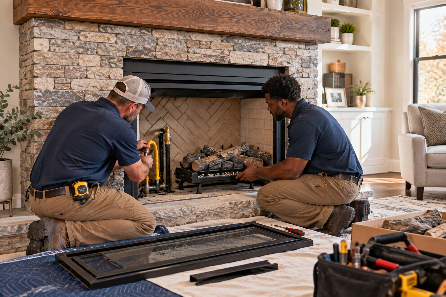 Two workers installing a fireplace insert in a living room, with tools and parts spread on the floor.