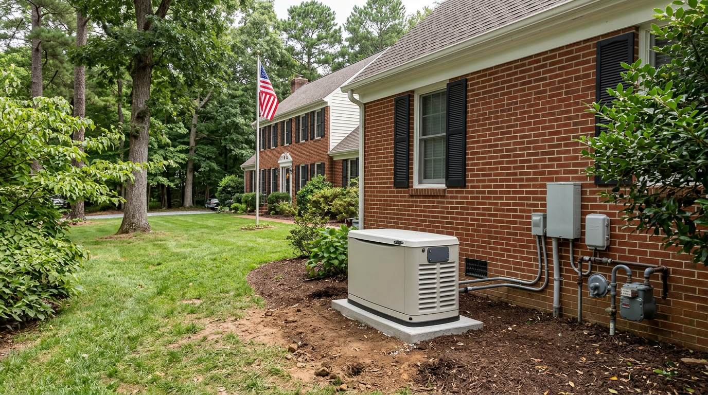 Brick house side yard with a beige generator, green lawn, and trees