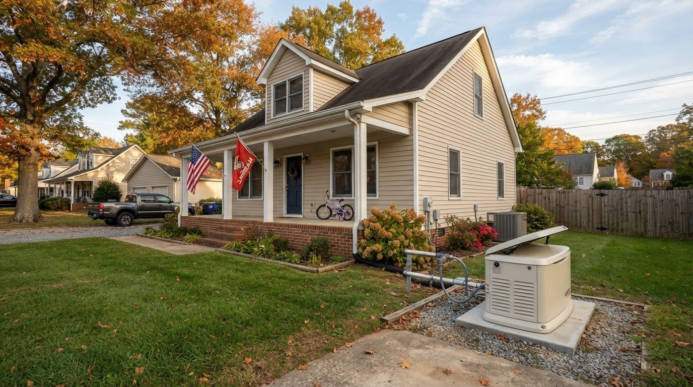 Suburban house with porch, fall trees, and a mailbox by the front walkway