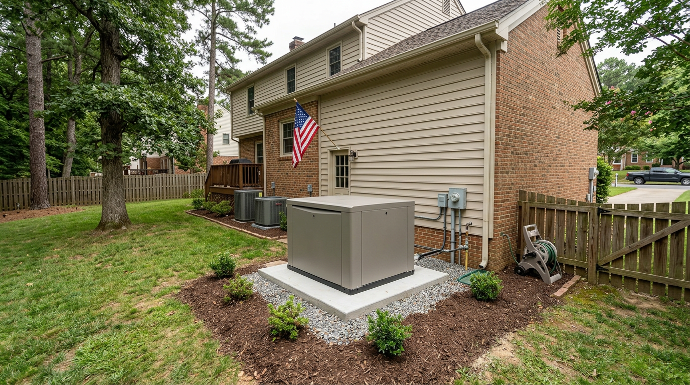 Backyard gas generator beside a beige house, with lawn, trees, and an American flag near the back door