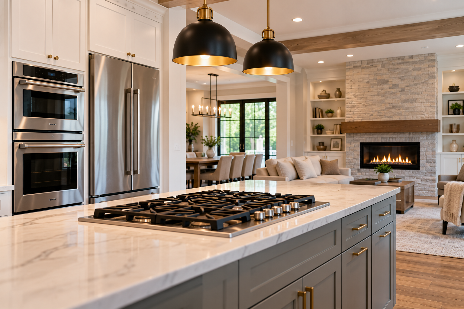 Modern kitchen with white cabinets, marble island, pendant lights, and a cozy living area with gas fireplace in the background