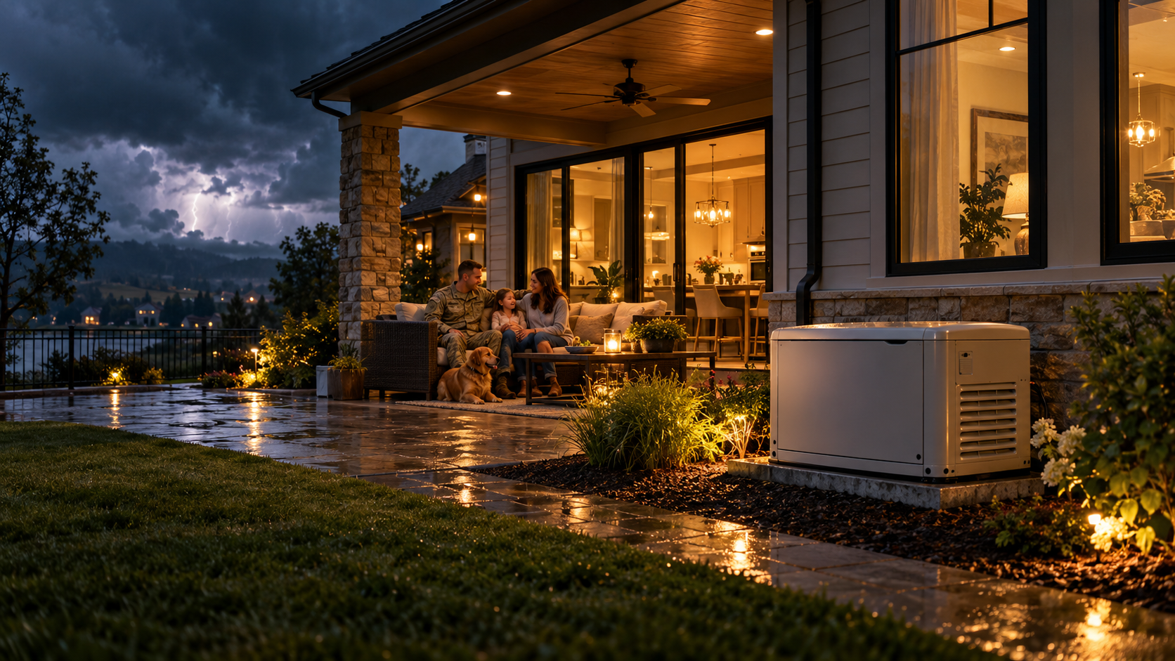 Rainy evening patio with warm lights, wet stone walkway, and a lit house beside a grassy yard and gas generator.