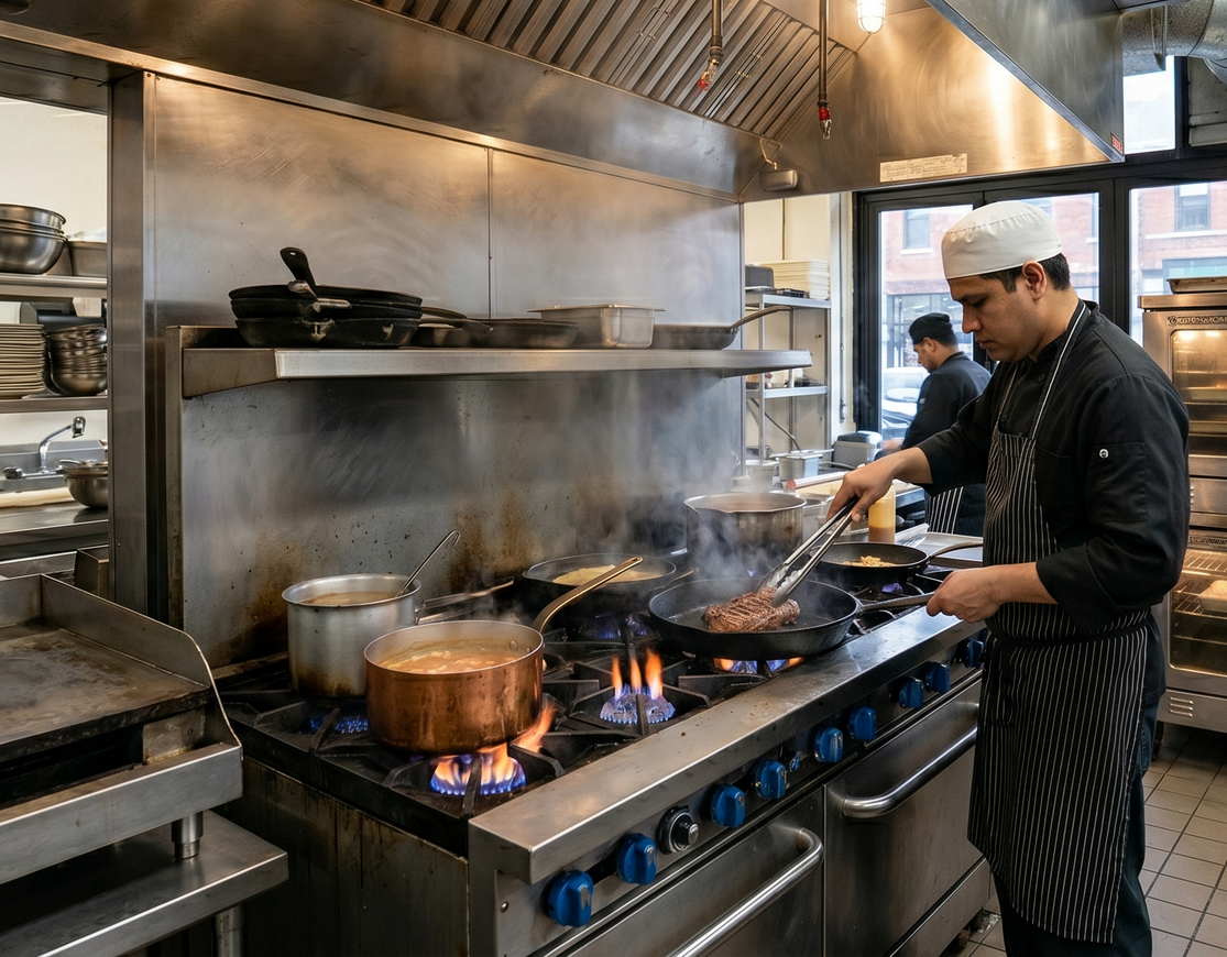 Chef cooking at a stainless-steel gas stove with steaming pots and pans in a busy kitchen