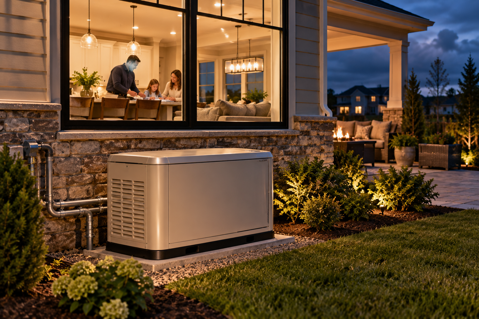 Outdoor home generator beside a lit house at dusk, with people visible through the large window.