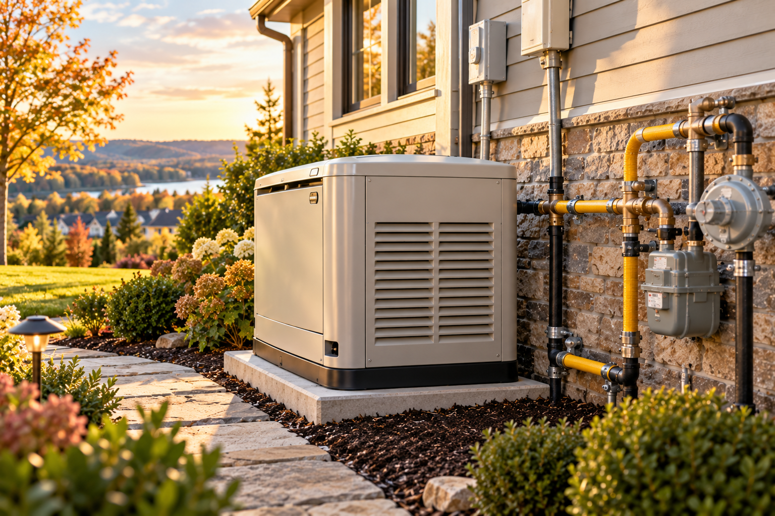 Outdoor home backup gas generator beside a house, with gas lines and a sunset garden view