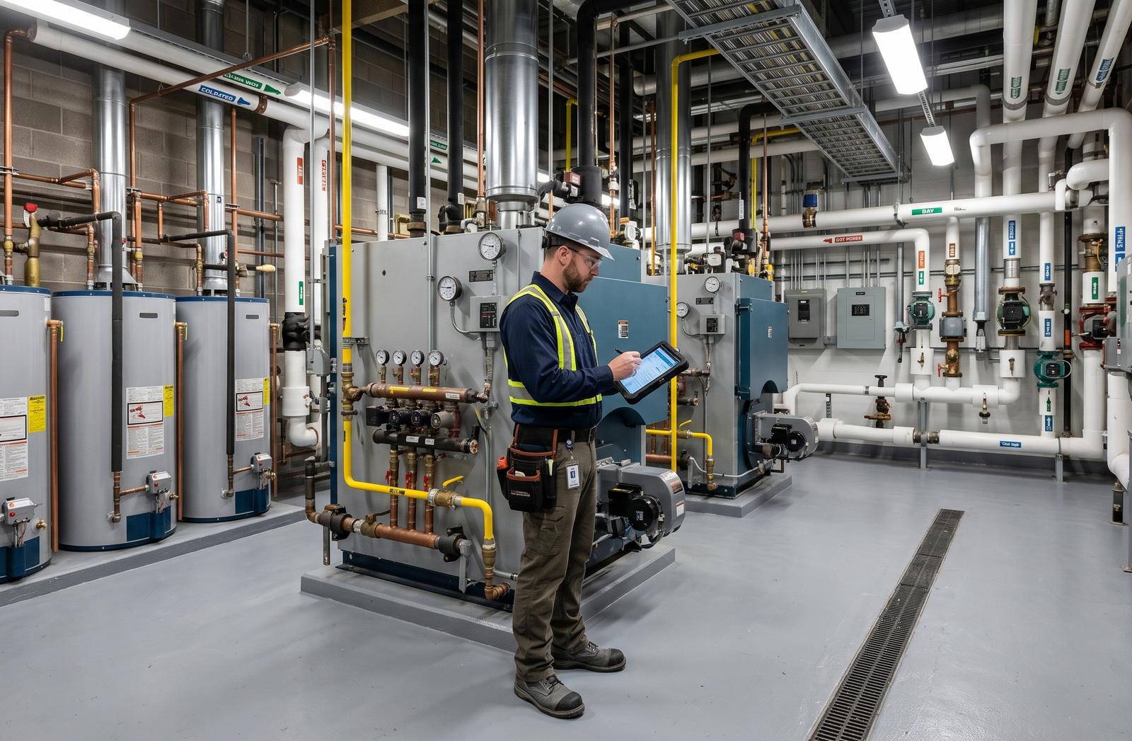 Worker inspecting industrial machinery in a bright factory with gas pipes, tanks, and control panels