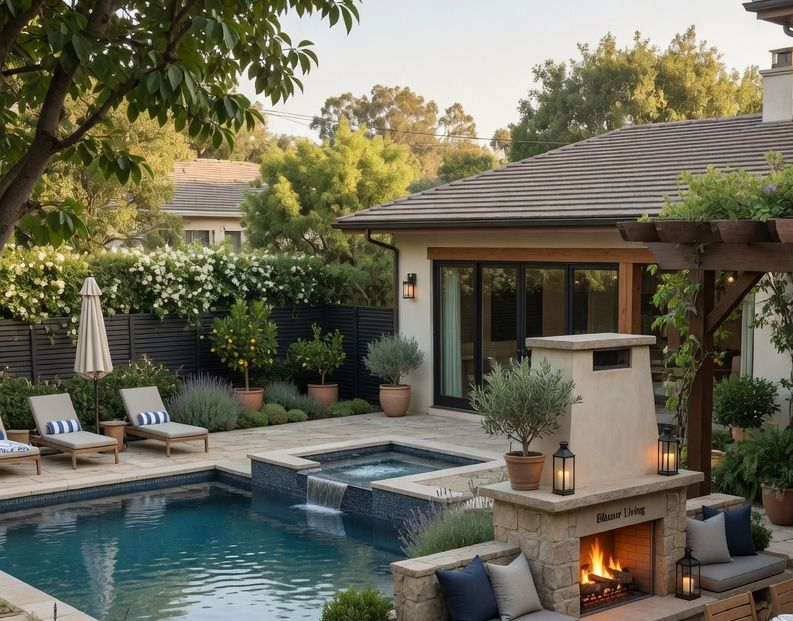 Backyard pool patio with lounge chairs, gas fire pit, and covered outdoor seating among lush greenery