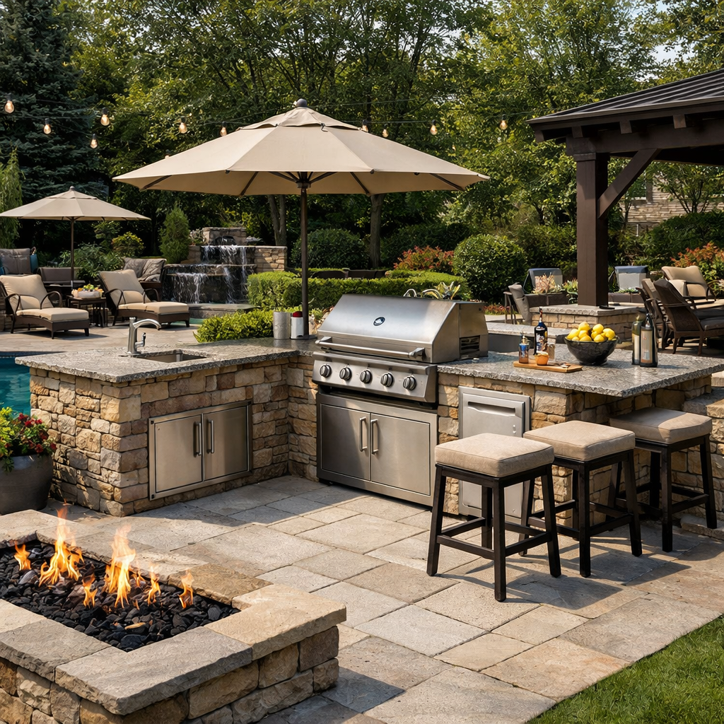 Modern outdoor kitchen and gas fire pit patio with grill, stone counters, bar stools, and umbrellas