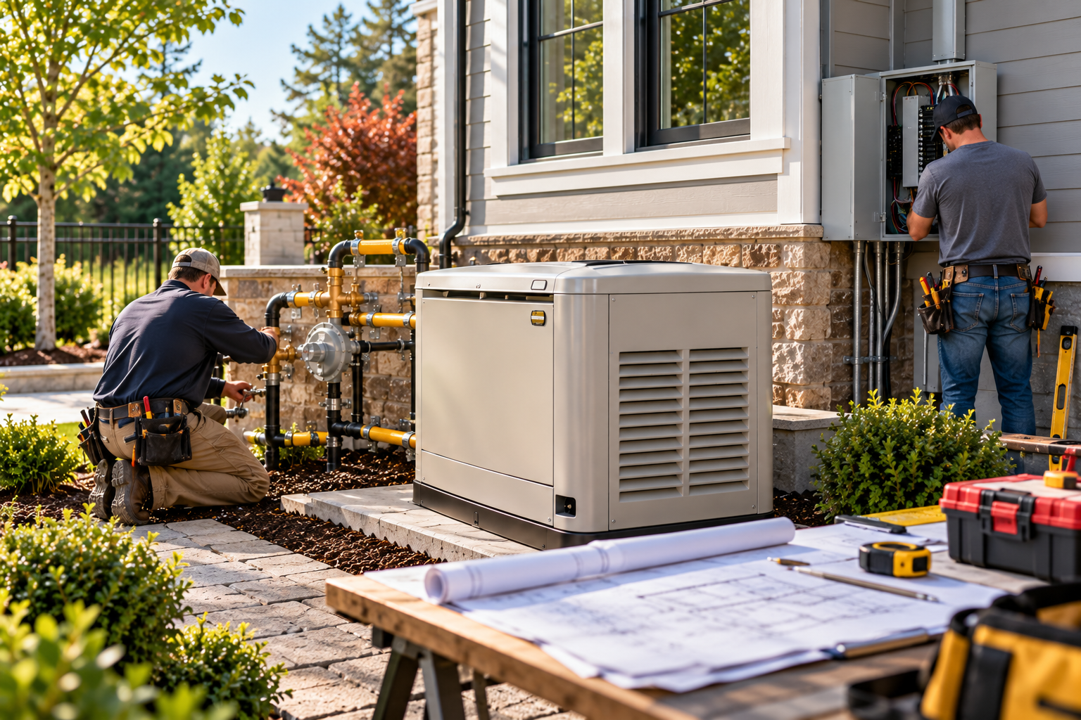 Two workers installing a large outdoor gas generator beside a house with tools and plans nearby