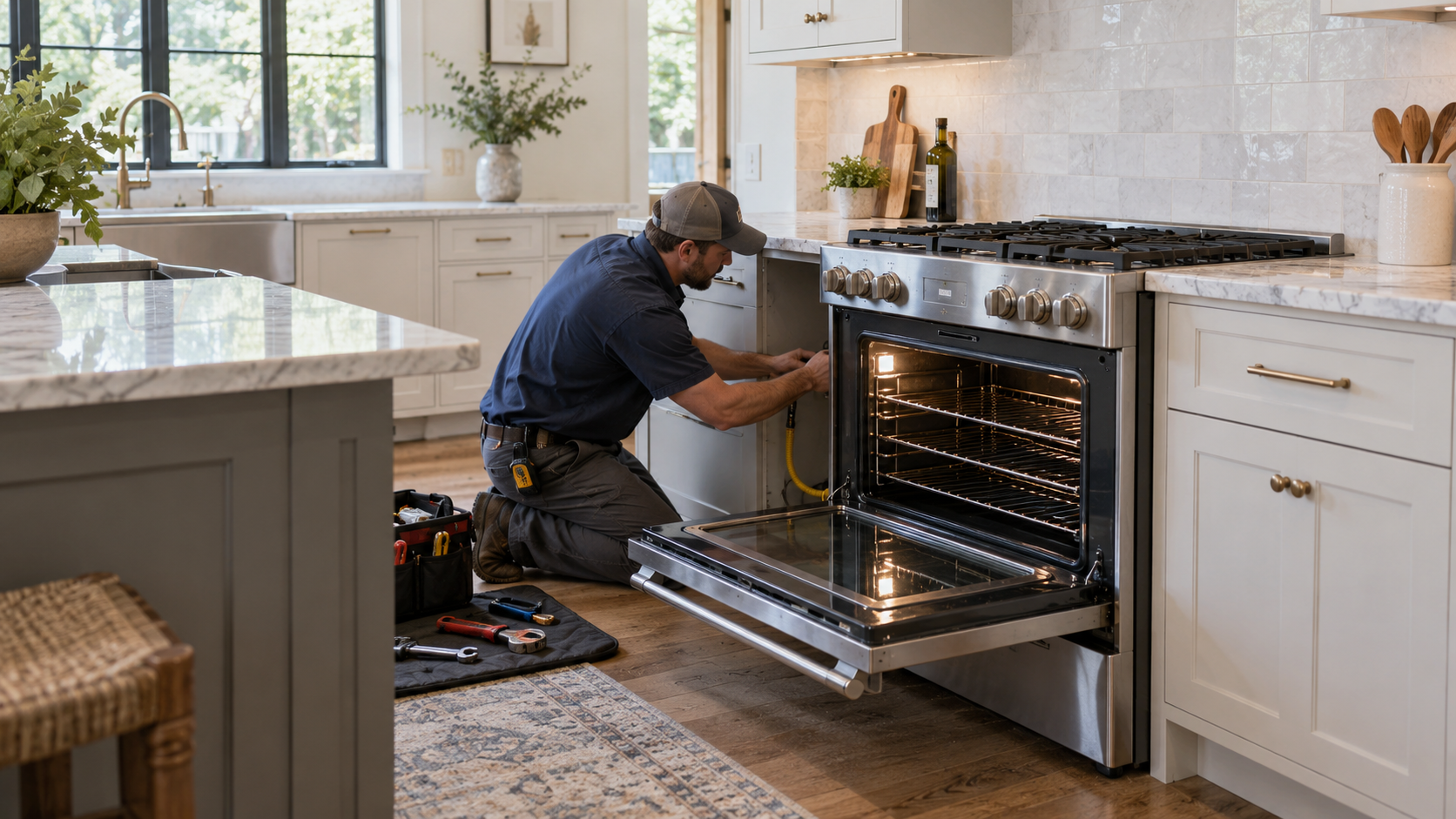 Technician installing a stainless steel oven in a bright modern kitchen