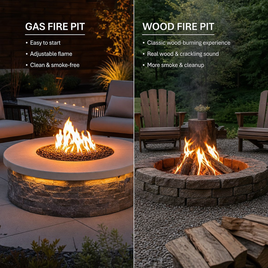 Gas fire pit and wood fire pit comparison in a backyard patio setting