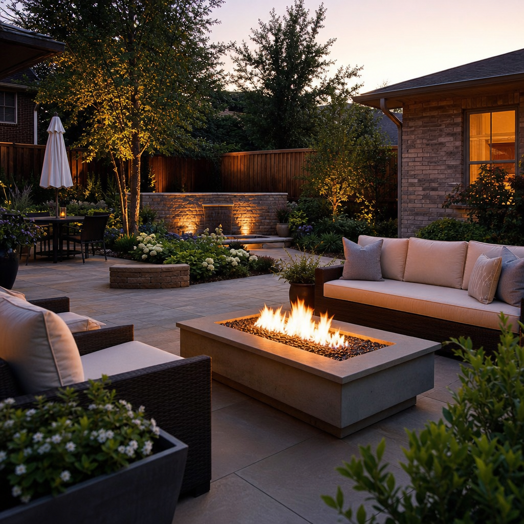 Modern backyard patio with gas fire pit, outdoor sofa, string lights, and garden seating at dusk