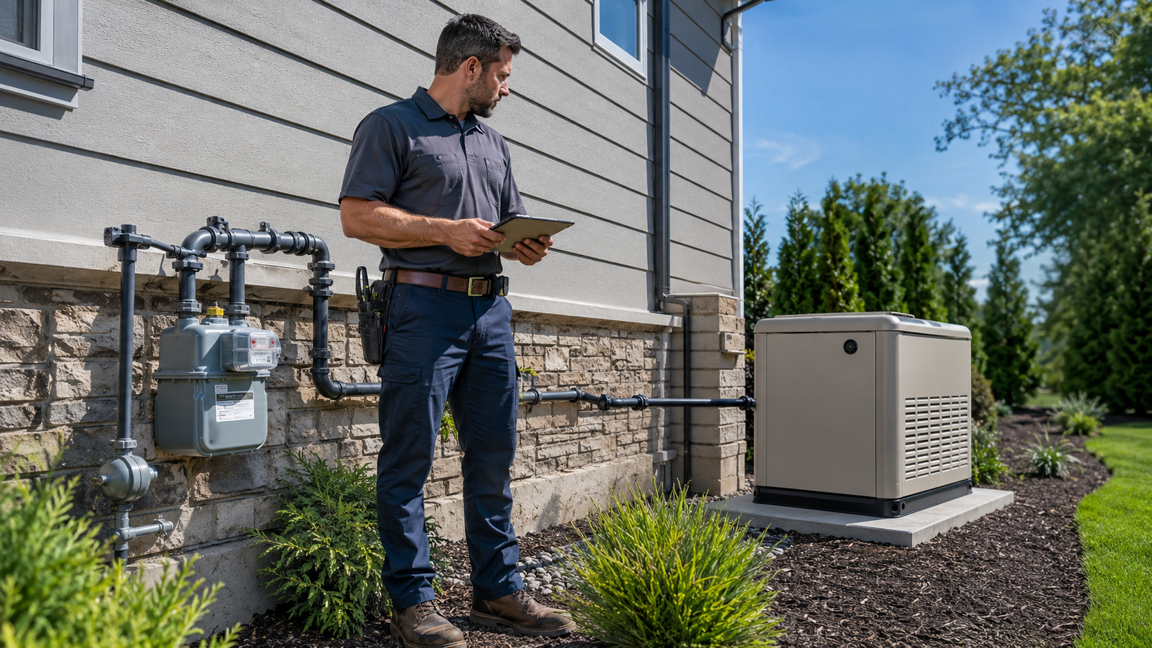 Technician inspecting an outdoor generator unit beside a house on a sunny day