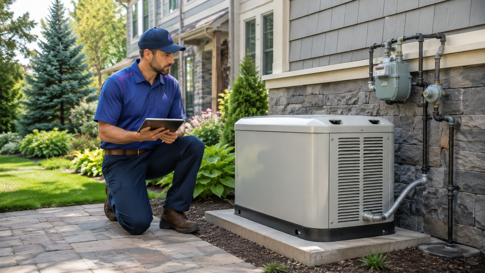 Technician kneeling beside an outdoor generator unit near a house, inspecting it with a clipboard.