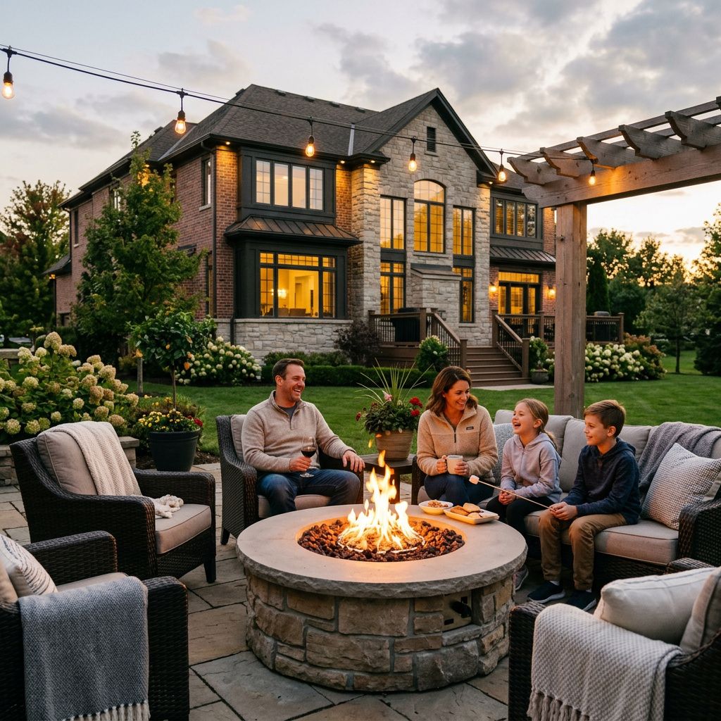 Family seated around a backyard gas fire pit outside a stone house at dusk