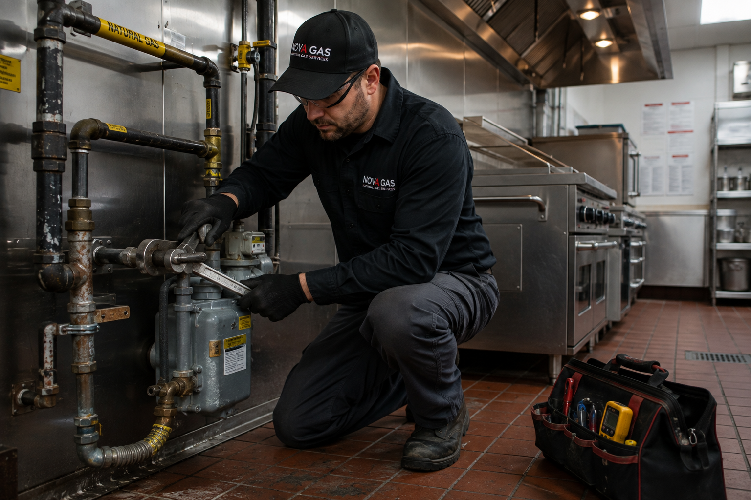 Technician kneels by industrial pipes in a metal utility room, adjusting a gas line valve with a toolbox nearby