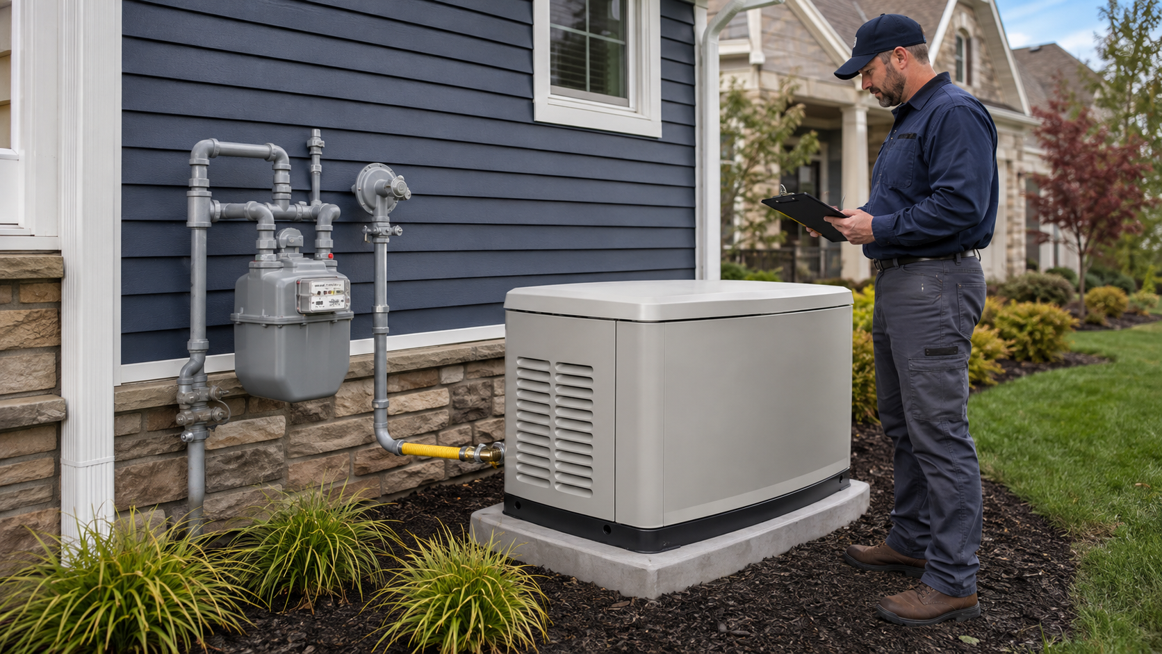 Technician inspecting a beige home generator beside a gray house and gas meter outdoors