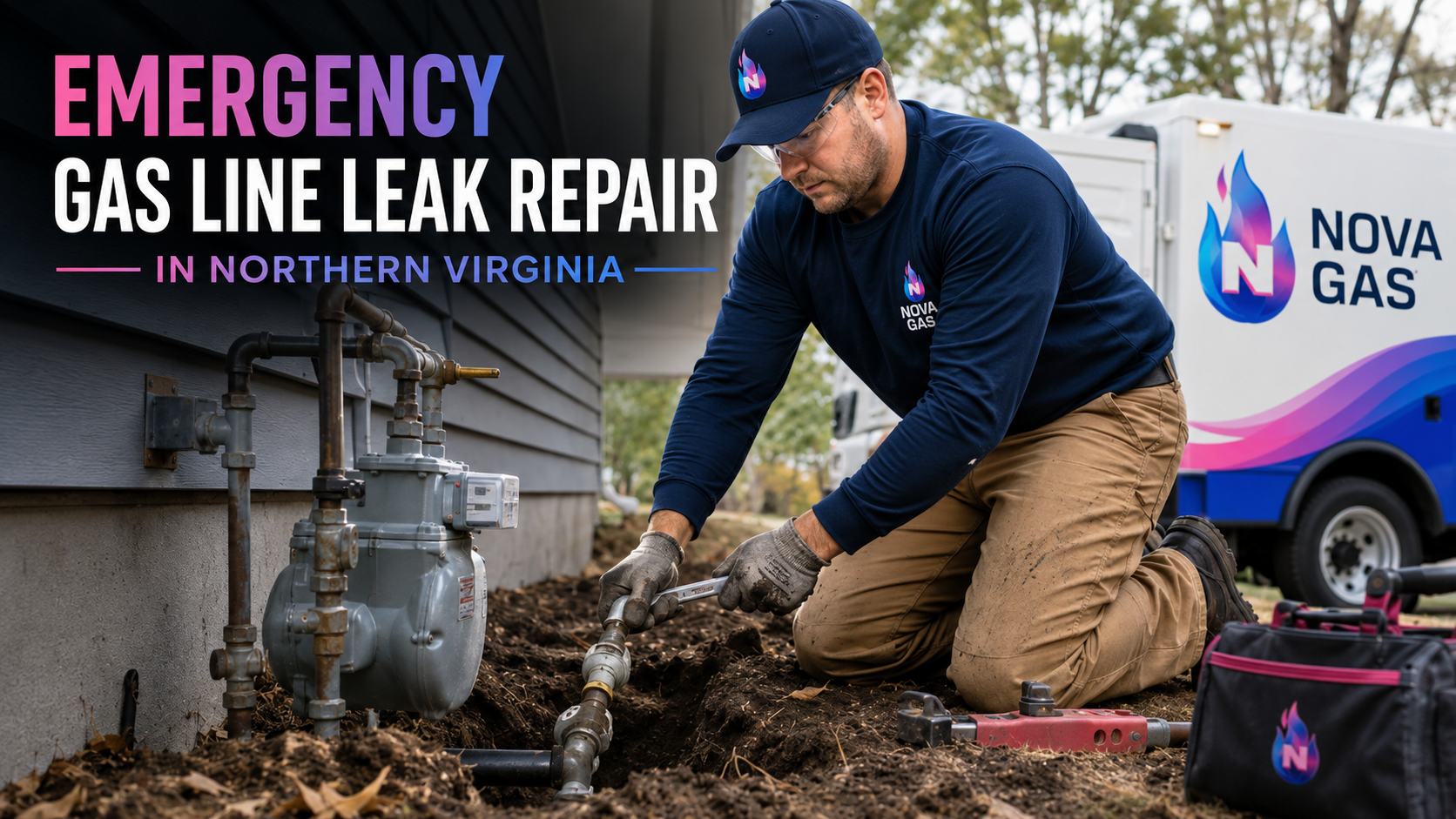 Worker repairing gas line leak beside exposed pipe and utility truck in Northern Virginia at dusk