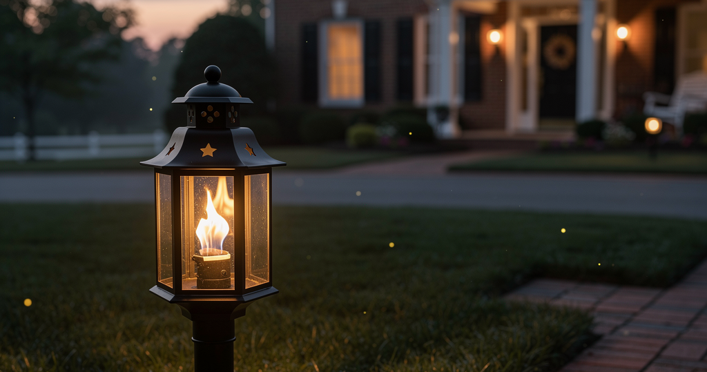Lit gas lantern in a front yard at dusk, with a softly glowing house in the background.