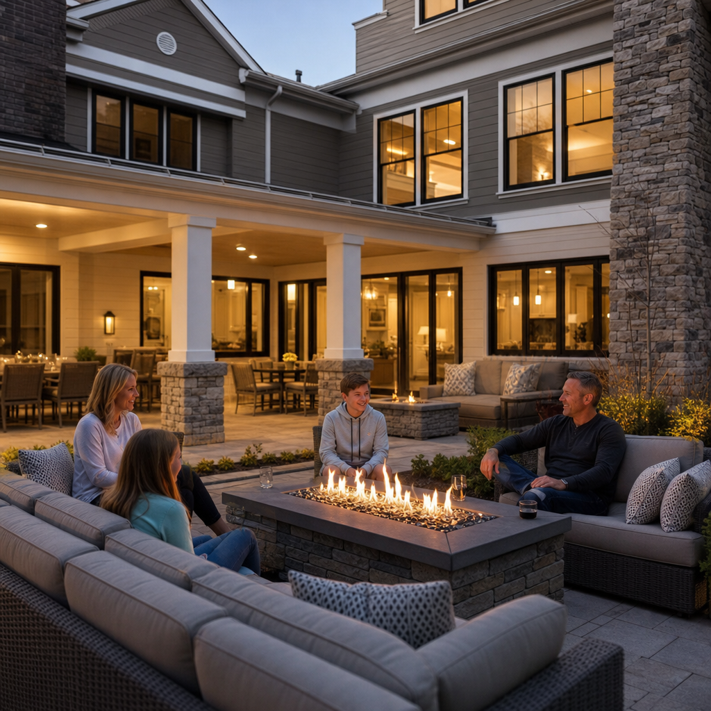 People relaxing around a lit gas fire pit on a covered patio at dusk, with lights from the house.