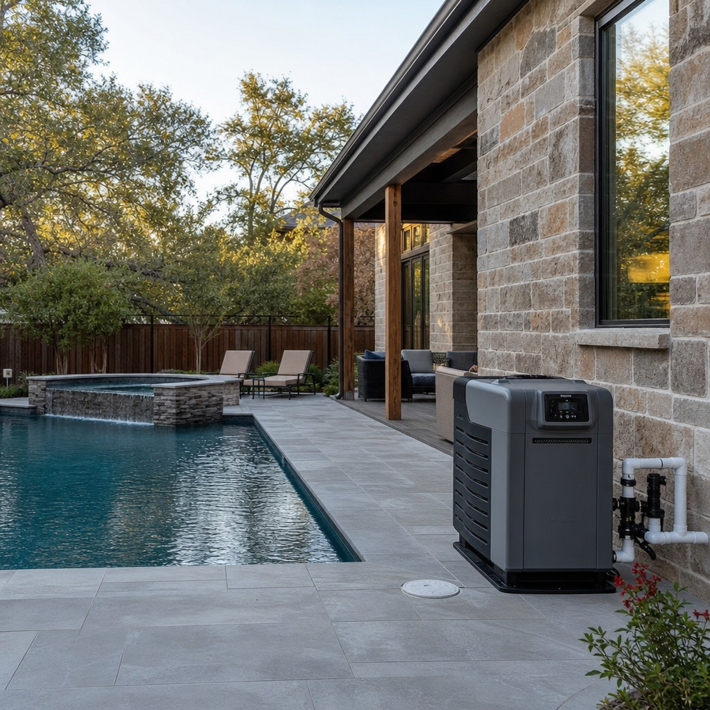 Backyard pool beside a stone house with a covered patio and pool equipment