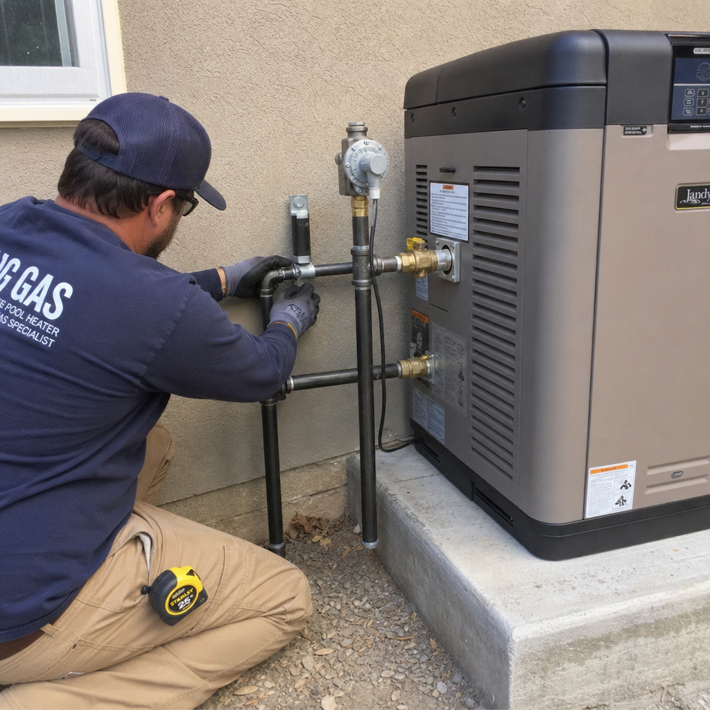 Technician kneels by a gas generator, inspecting pipes and fittings beside a house wall.