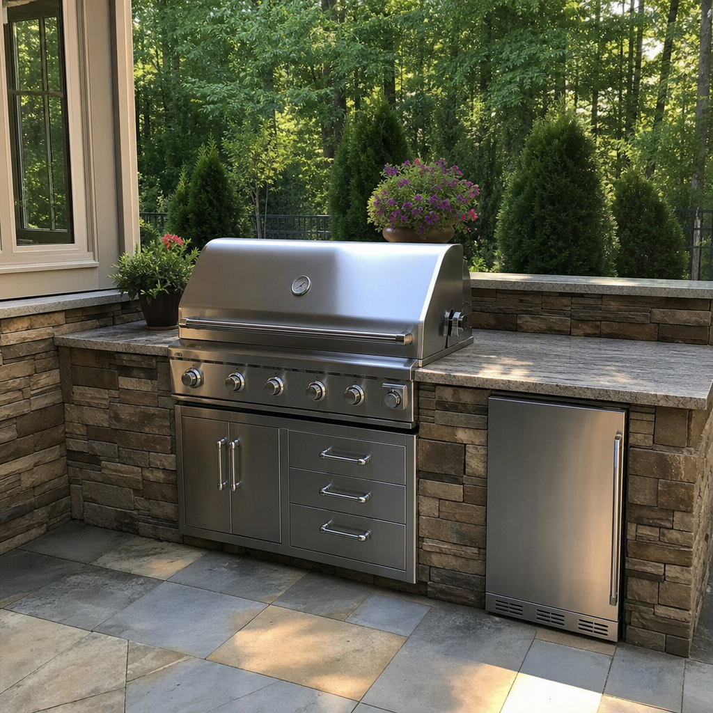 Built-in stainless steel outdoor gas grill and counter in a stone patio kitchen