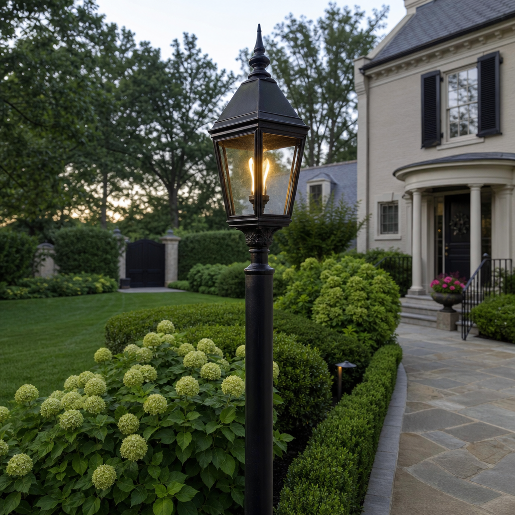 Lit black gas lantern lamp beside a stone walkway in a manicured garden outside a house