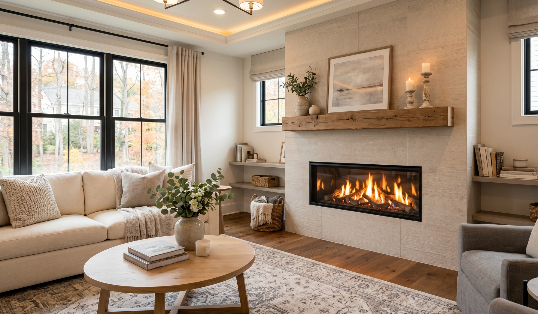 Cozy living room with beige sofa, fireplace, large windows, and round coffee table.