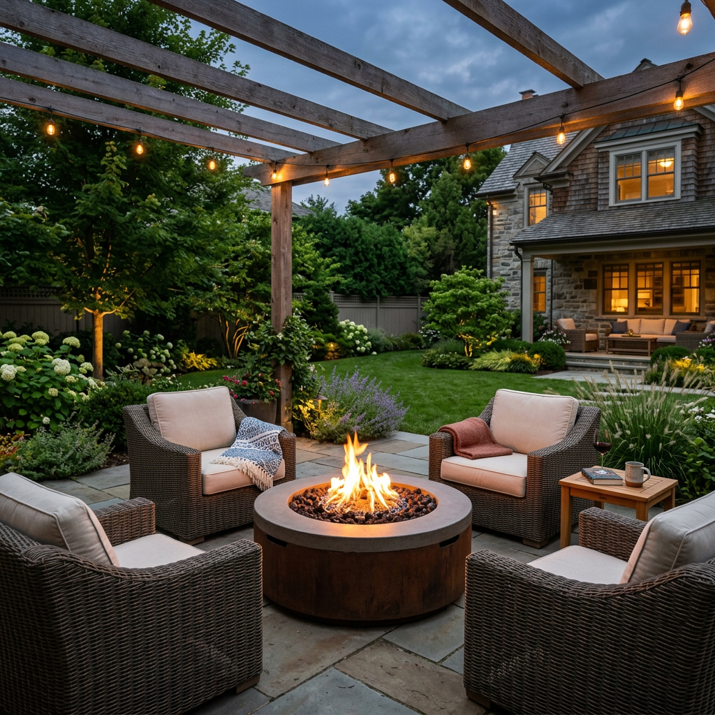 Cozy backyard patio with wicker chairs around a gas fire pit beside a lit stone house at dusk