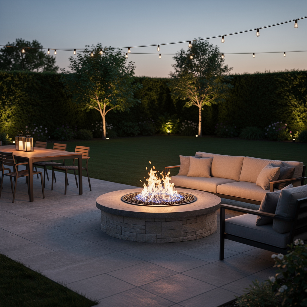 Backyard patio at dusk with string lights, gas fire pit, outdoor sofa, and dining table