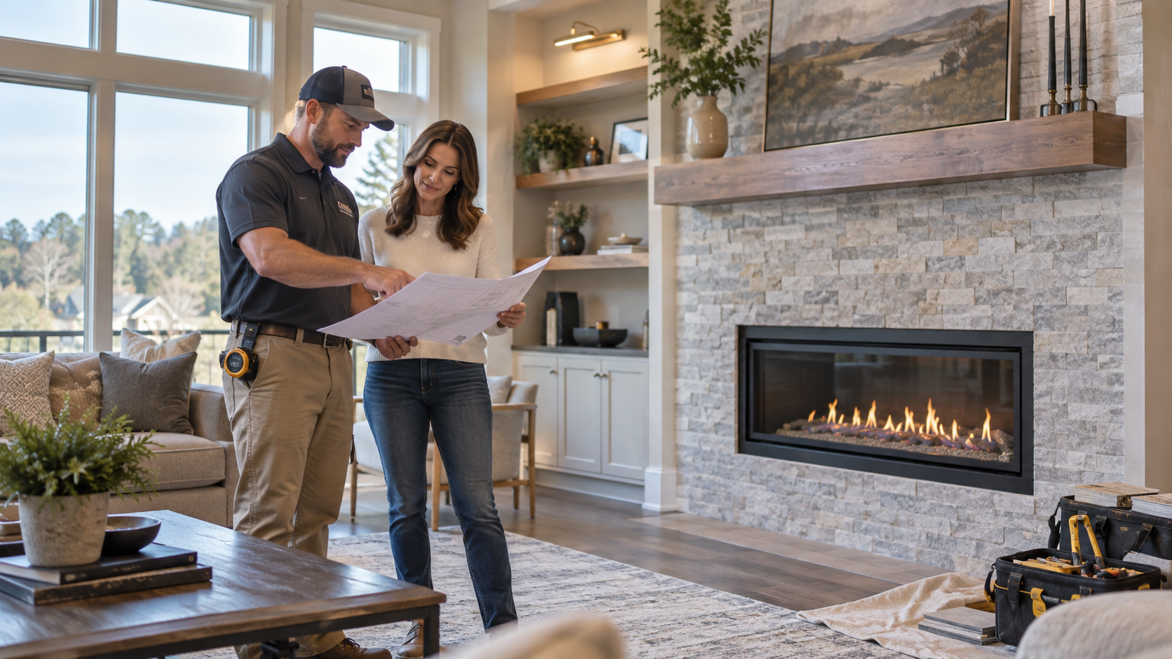 Two people reviewing a floor plan in a bright living room with a stone fireplace and large windows