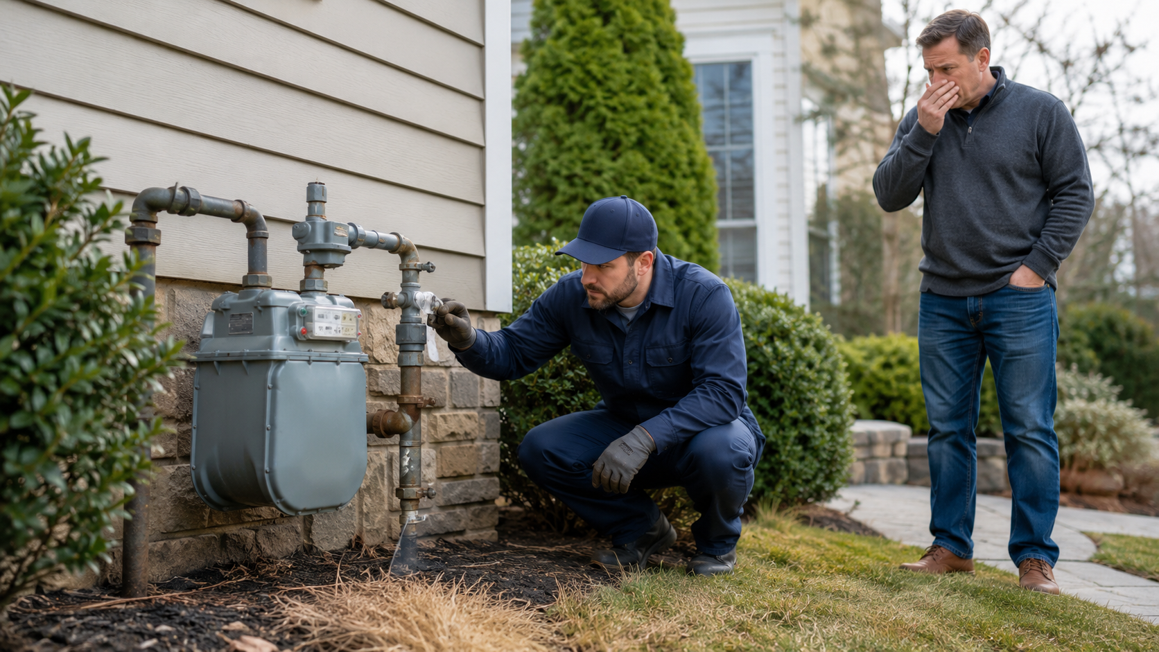Utility workers inspecting gas meters beside a house, one crouching and one standing nearby.