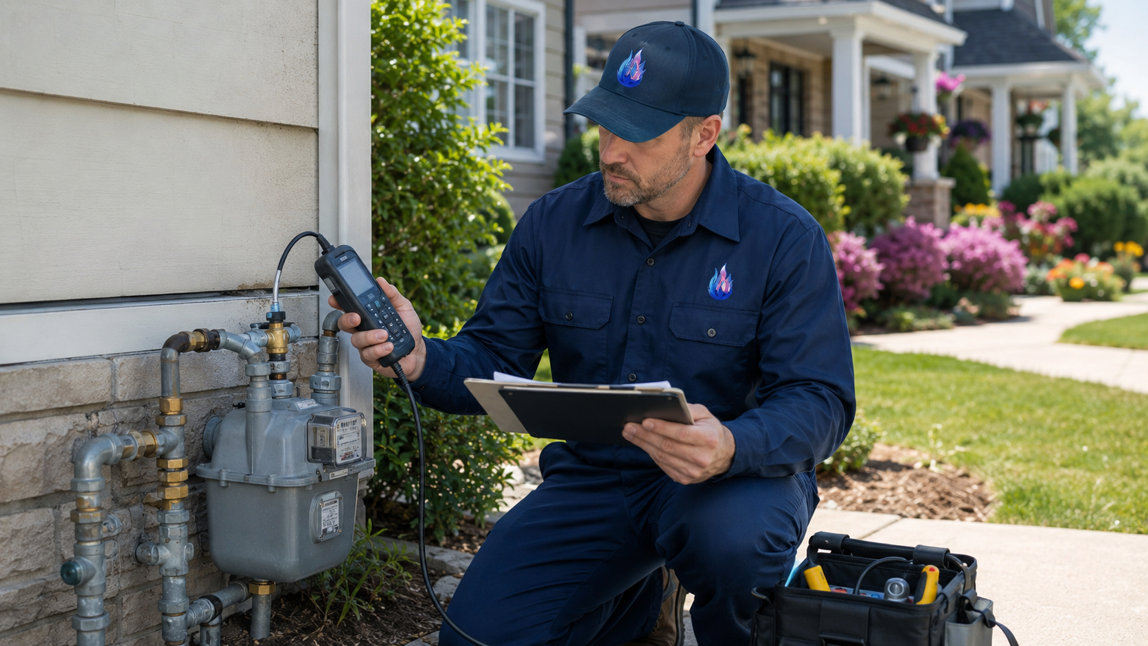 Technician inspecting outdoor gas meter with a tablet beside a house