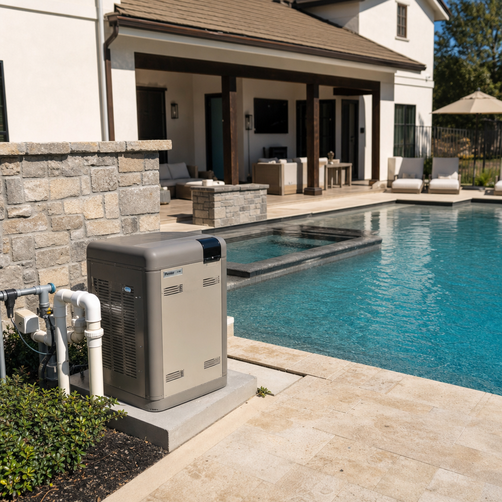 Backyard pool beside a stone patio, covered house, and gas pool heater unit.